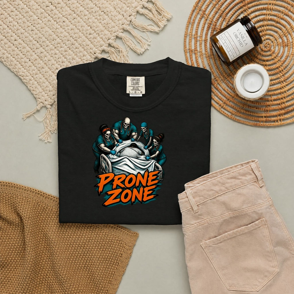 Prone Zone Skeleton ICU Nurse Comfort Colors T-Shirt folded