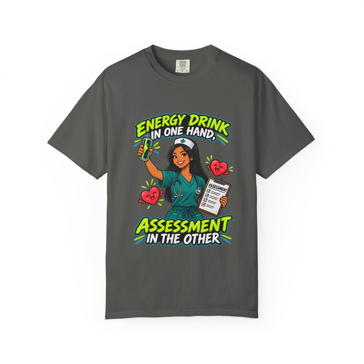 Energy Drink in One Hand Assessment in the Other Nurse Tee (Long Hair)