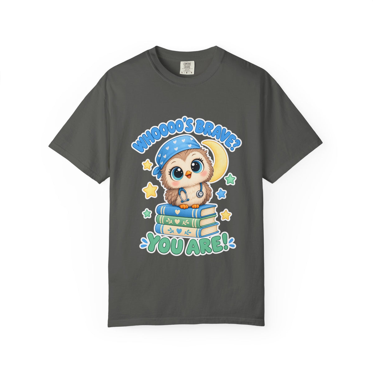 Whooo's Brave You Are Owl Peds Nurse Blue Comfort Colors T-Shirt