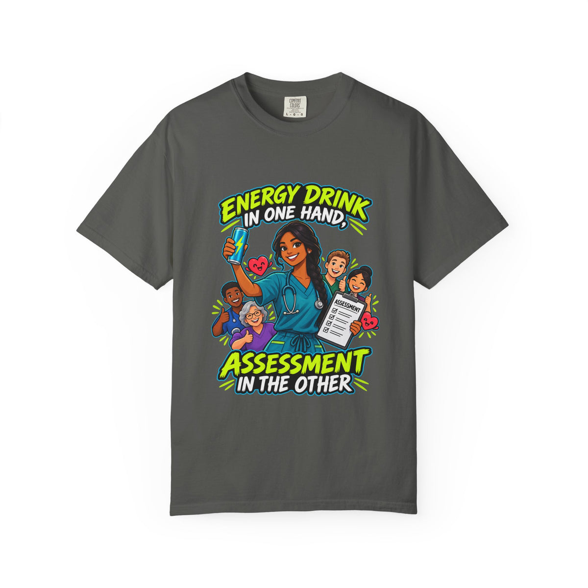 Energy Drink in One Hand Assessment in the Other Nurse Tee (Long Braid)