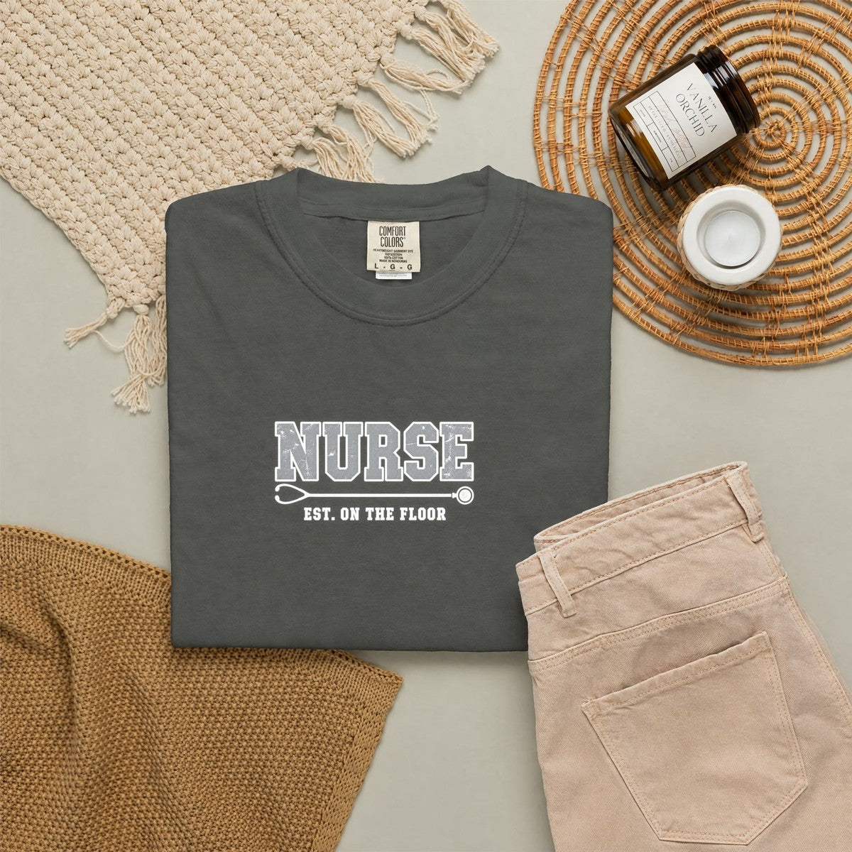 Nurse Varsity Est On the Floor Comfort Colors T-Shirt folded