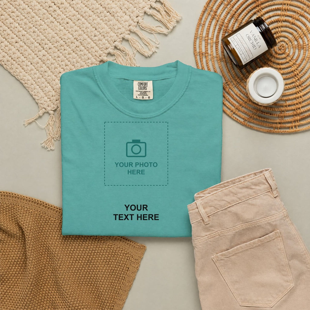 Design Your Own Custom Photo and Text Comfort Colors T-Shirt folded