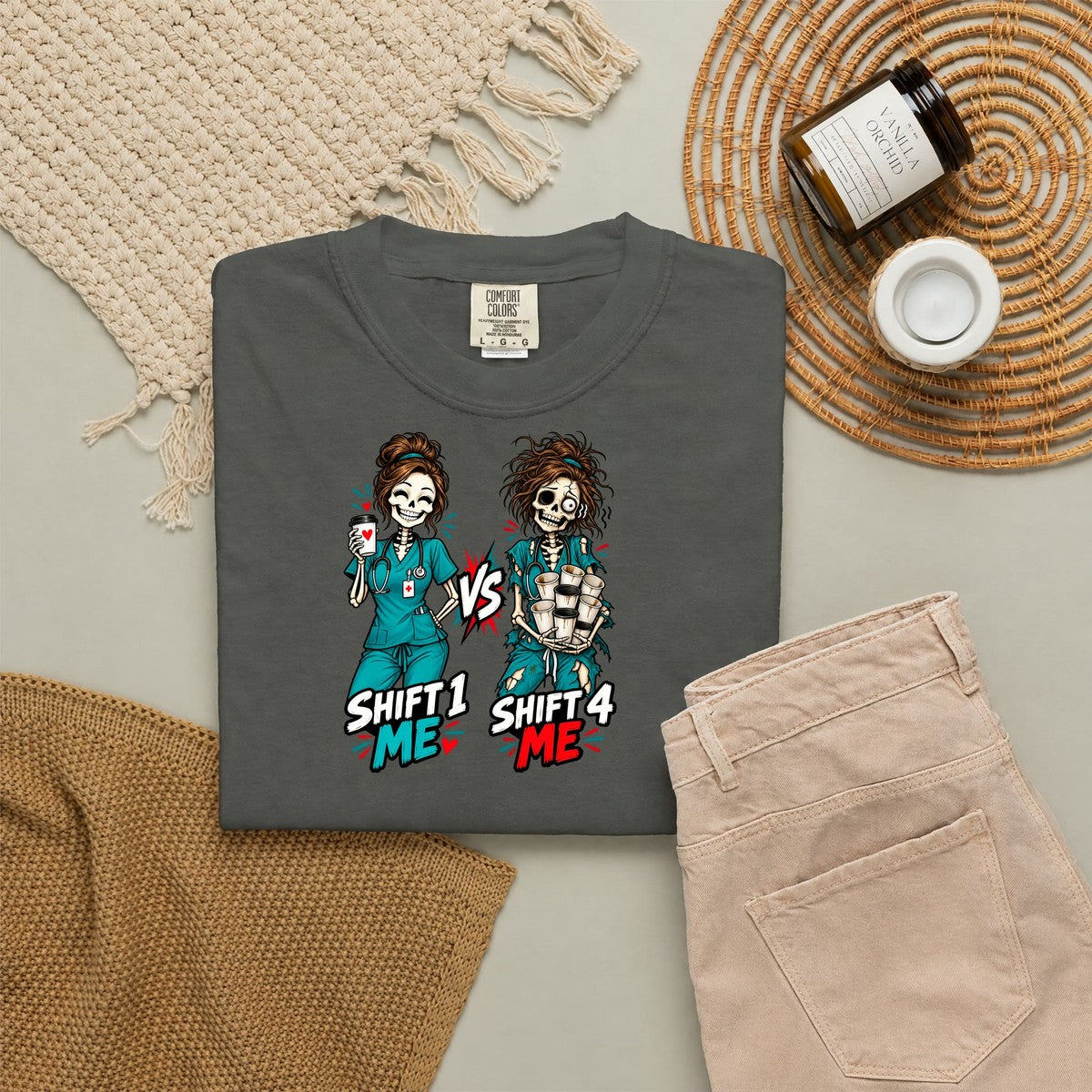 Shift 1 Me vs Shift 4 Me Skeleton Nurse Comfort Colors T-Shirt folded