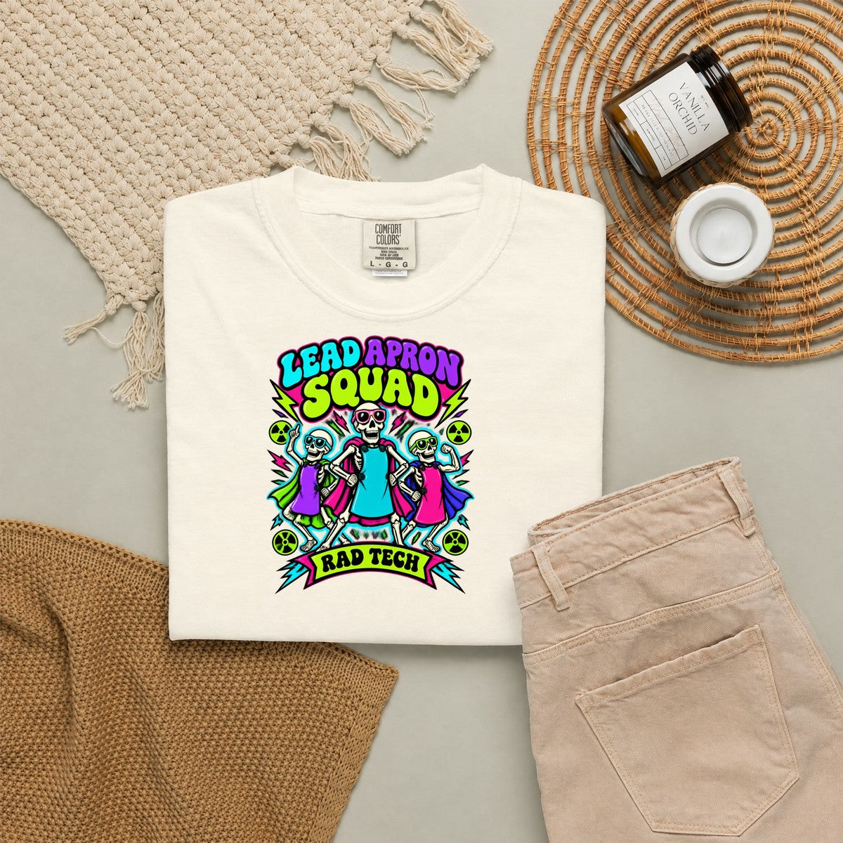 Lead Apron Squad Rad Tech Skeleton Comfort Colors T-Shirt folded