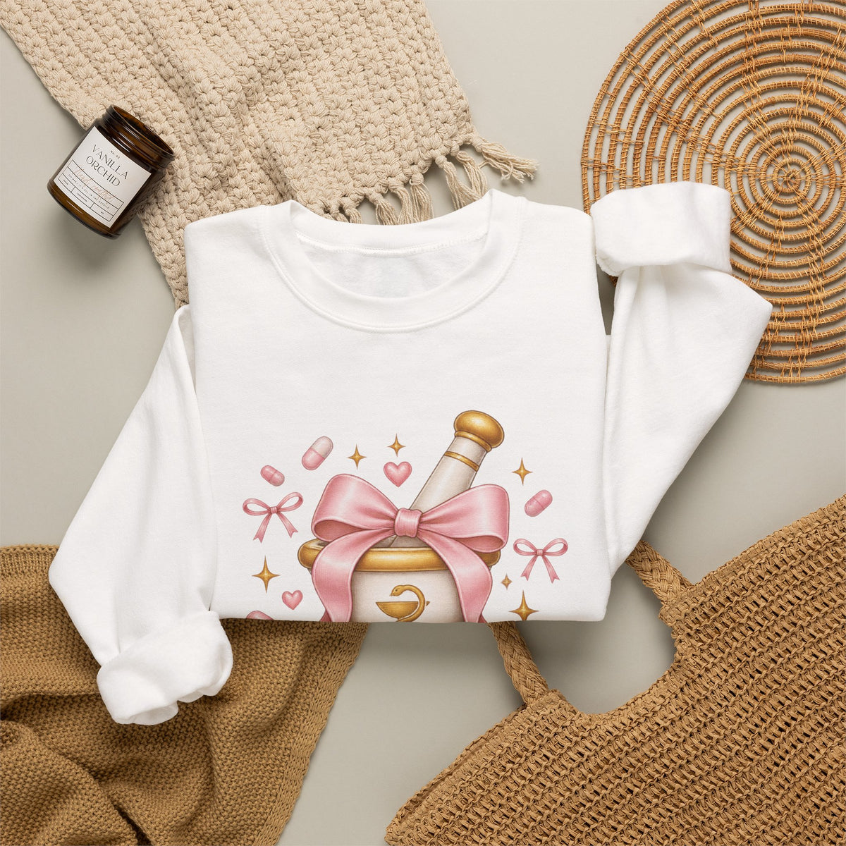 Coquette Pink Bow Mortar and Pestle Pharmacist PharmD Crewneck Sweatshirt