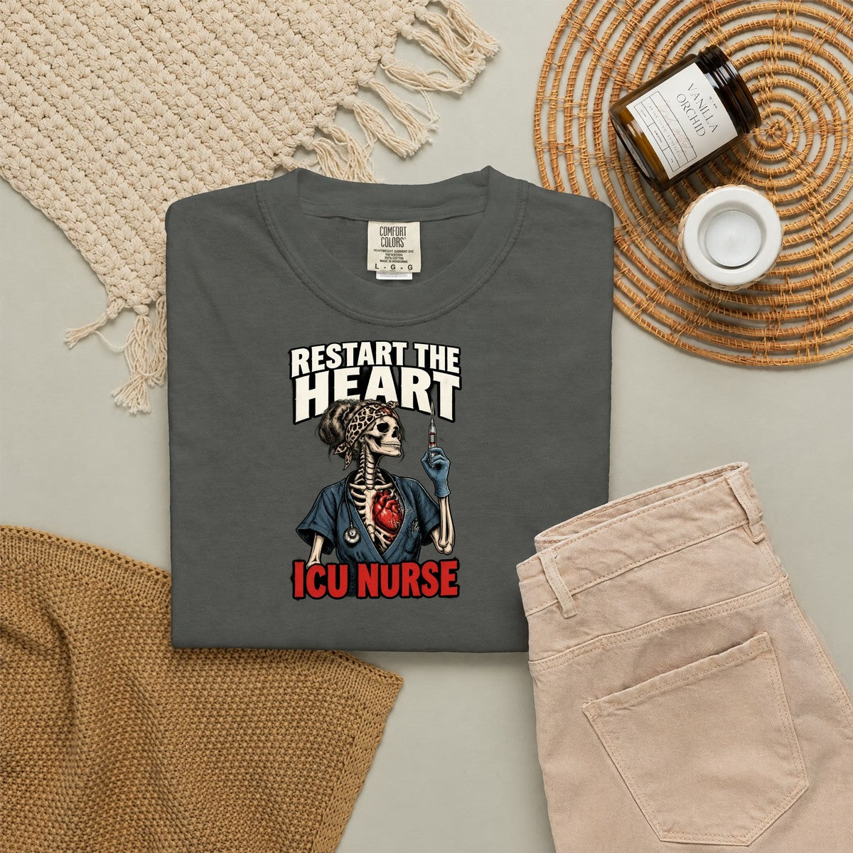 Restart the Heart Skeleton ICU Nurse Comfort Colors T-Shirt folded
