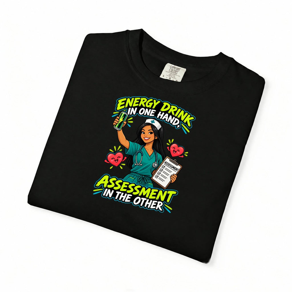Energy Drink in One Hand Assessment in the Other Nurse Tee (Long Hair)