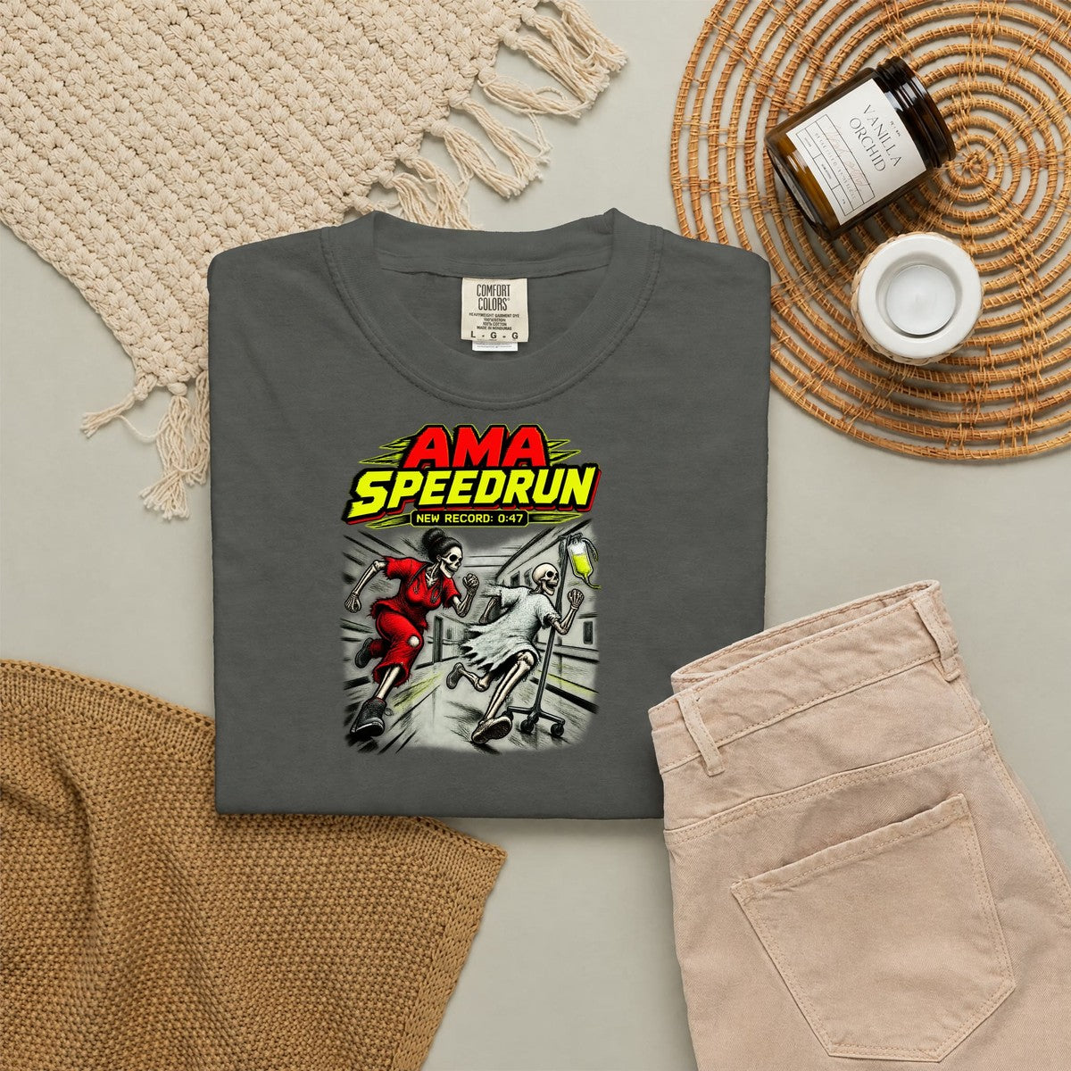 AMA Speedrun Skeleton ER Nurse Funny Emergency Department Comfort Colors T-Shirt folded