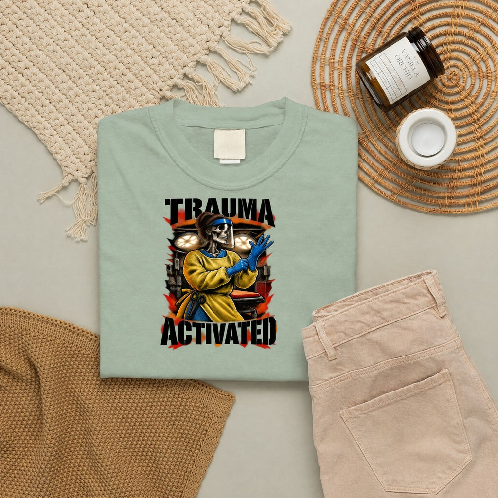 Trauma Activated Skeleton ER Nurse Comfort Colors T-Shirt folded