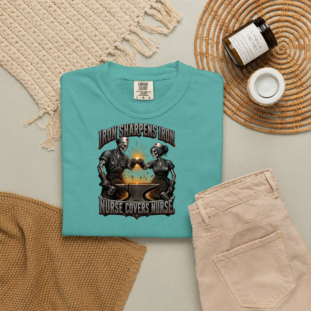 Iron Sharpens Iron Nurse Covers Nurse Skeleton Nurse Comfort Colors T-Shirt folded