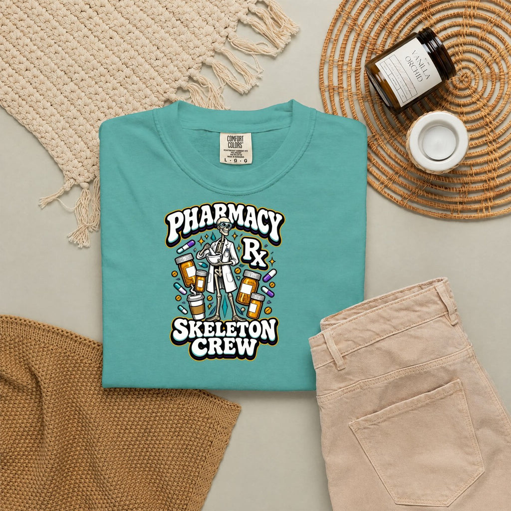 Pharmacy Skeleton Crew Skinny Skeleton Pharmacist Comfort Colors T-Shirt folded