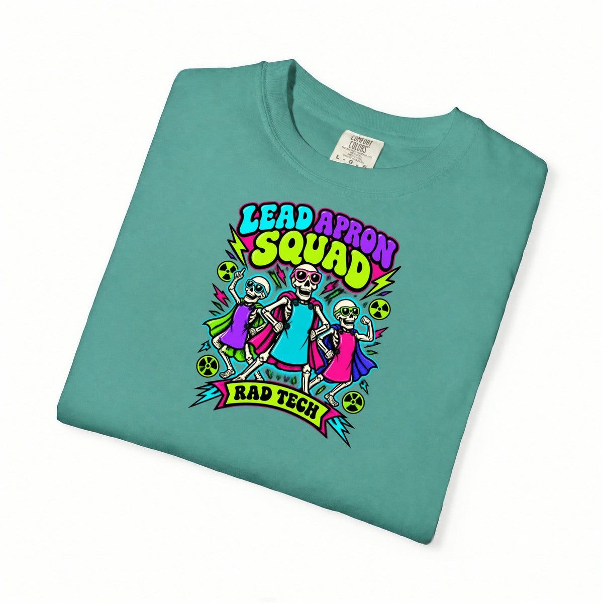 Lead Apron Squad Rad Tech Skeleton Comfort Colors T-Shirt folded