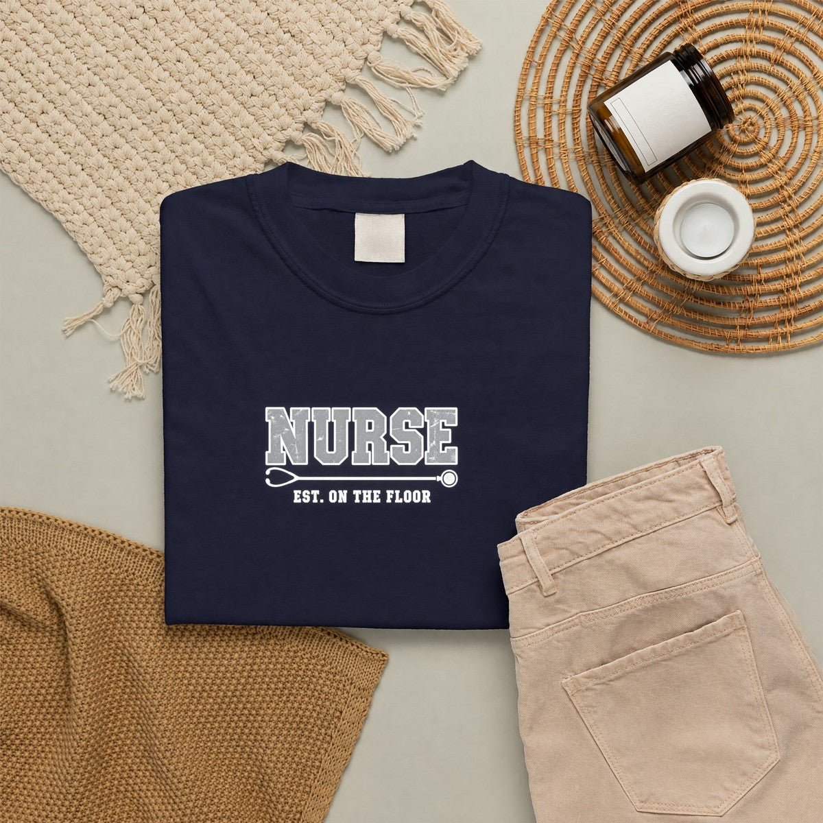 Nurse Varsity Est On the Floor Comfort Colors T-Shirt folded