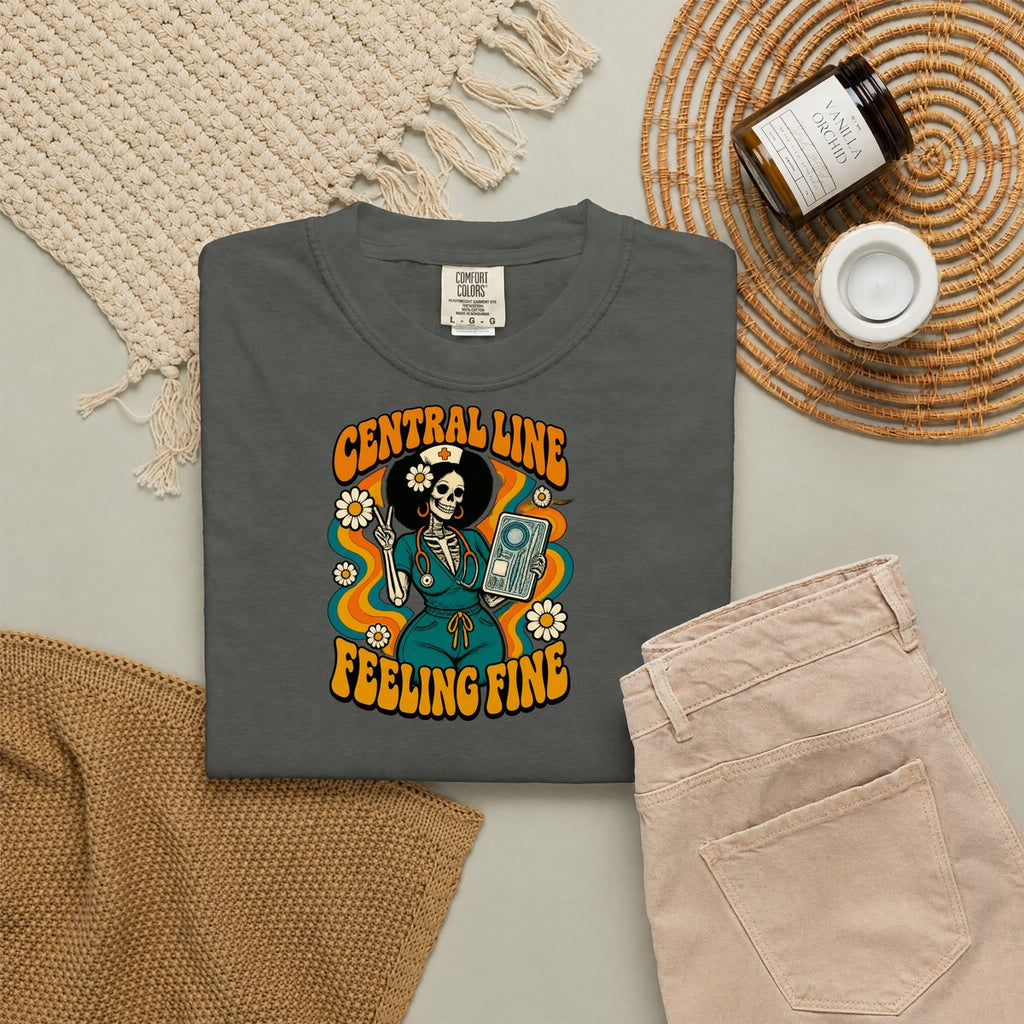 Central Line Feeling Fine Skeleton ICU Nurse Comfort Colors T-Shirt folded
