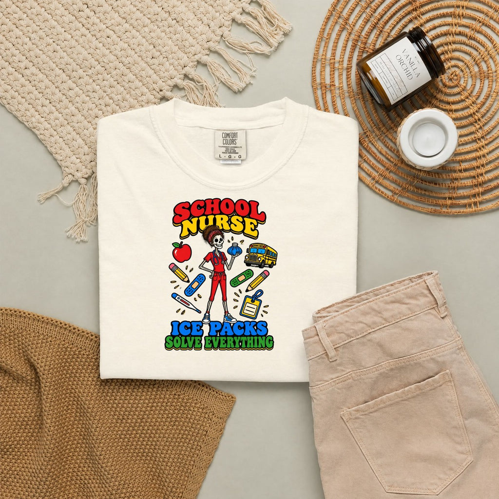 School Nurse Ice Packs Solve Everything Skinny Skeleton Comfort Colors T-Shirt folded