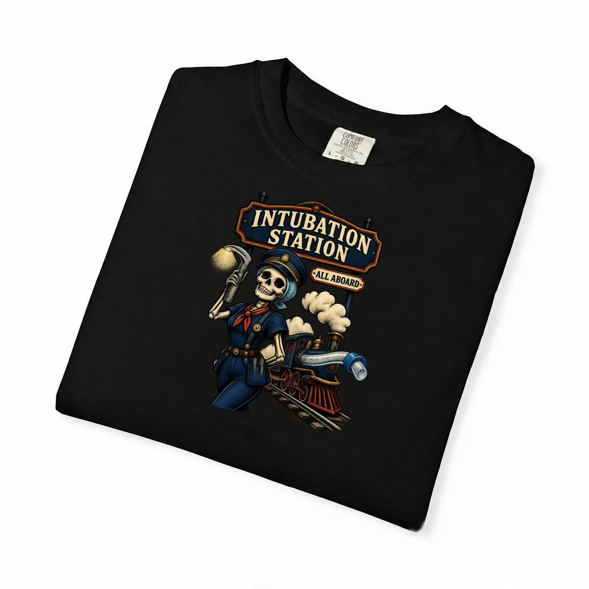 Intubation Station All Aboard Skeleton Respiratory Therapist Comfort Colors T-Shirt folded