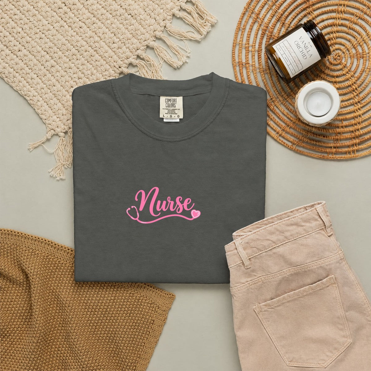 Nurse Pink Script Stethoscope Comfort Colors T-Shirt folded