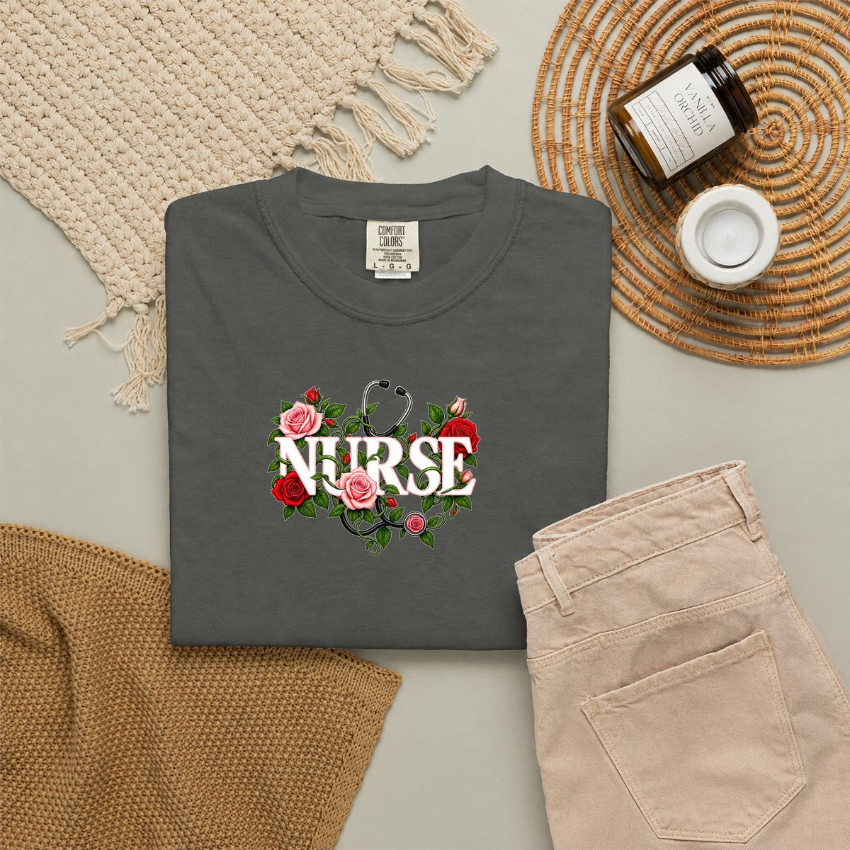 Nurse Roses and Stethoscope Floral Comfort Colors T-Shirt folded