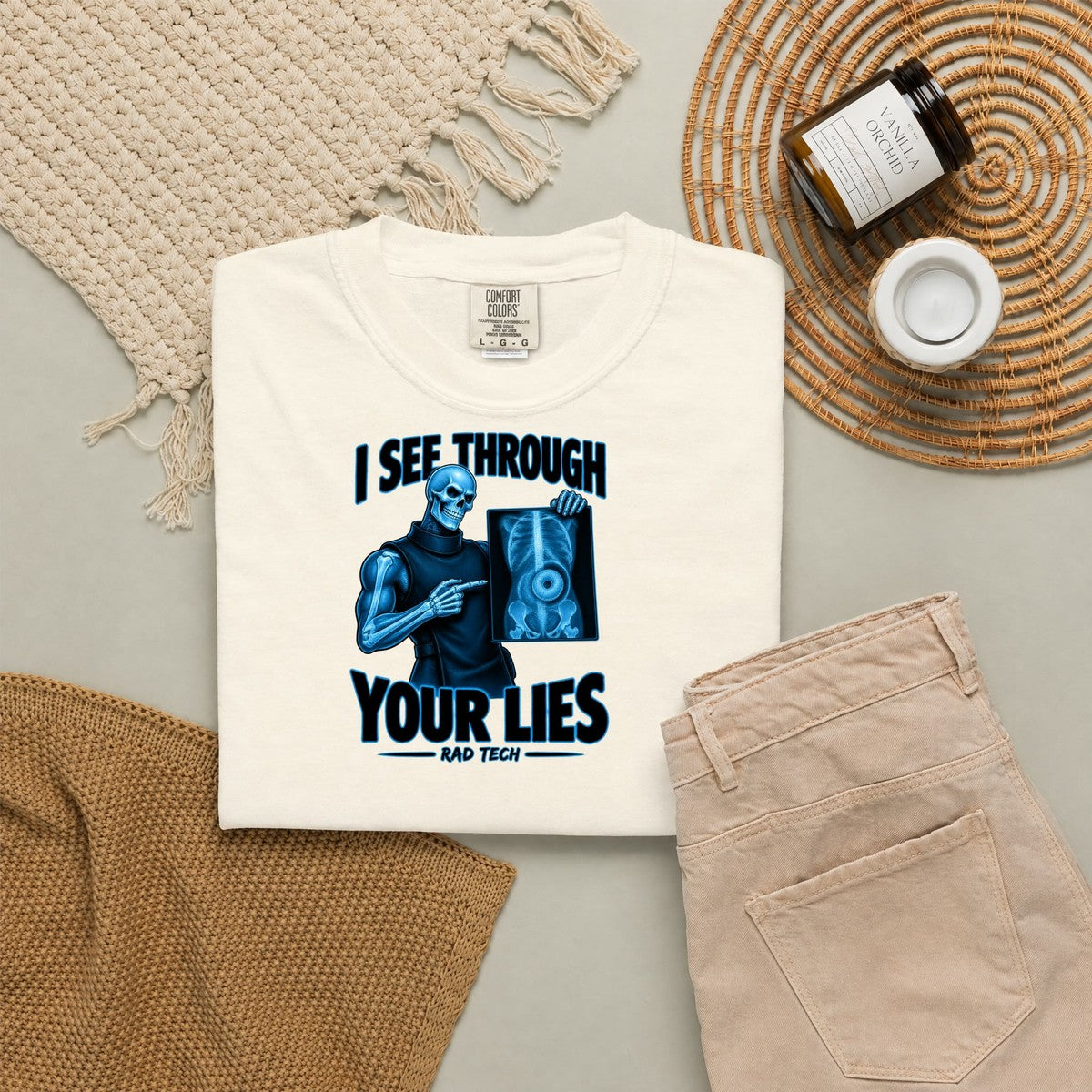 I See Through Your Lies Skeleton Rad Tech Comfort Colors T-Shirt folded