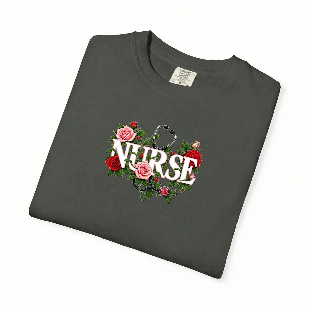 Nurse Roses and Stethoscope Floral Comfort Colors T-Shirt folded
