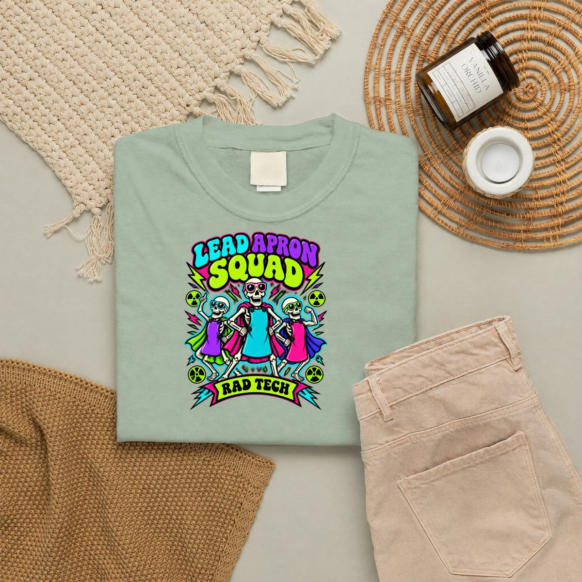 Lead Apron Squad Rad Tech Skeleton Comfort Colors T-Shirt folded