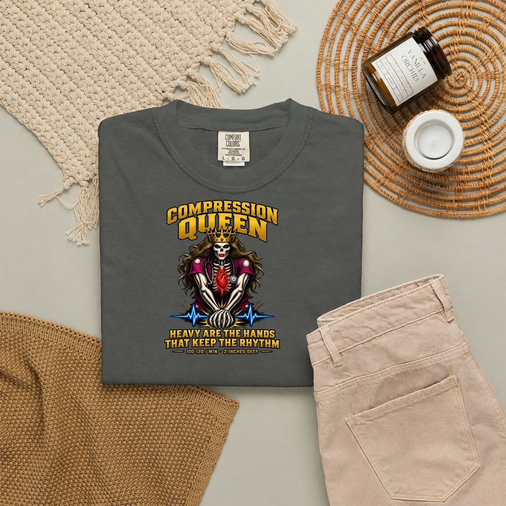 Compression Queen CPR Skeleton Nurse Comfort Colors T-Shirt folded