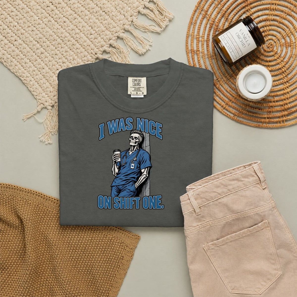 I Was Nice on Shift One Skeleton Male Nurse Comfort Colors T-Shirt folded