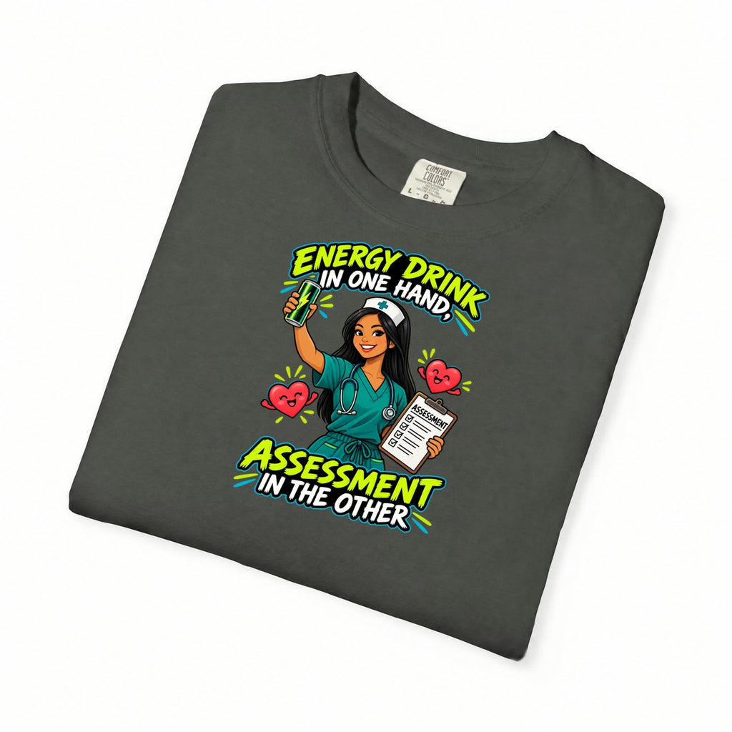 Energy Drink in One Hand Assessment in the Other Nurse Tee (Long Hair)
