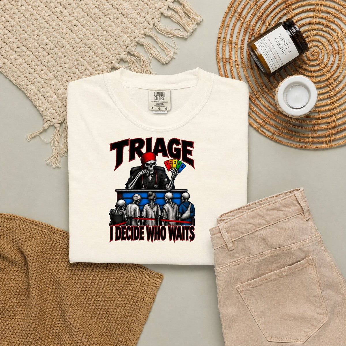 Triage I Decide Who Waits Skeleton ER Nurse Comfort Colors T-Shirt folded