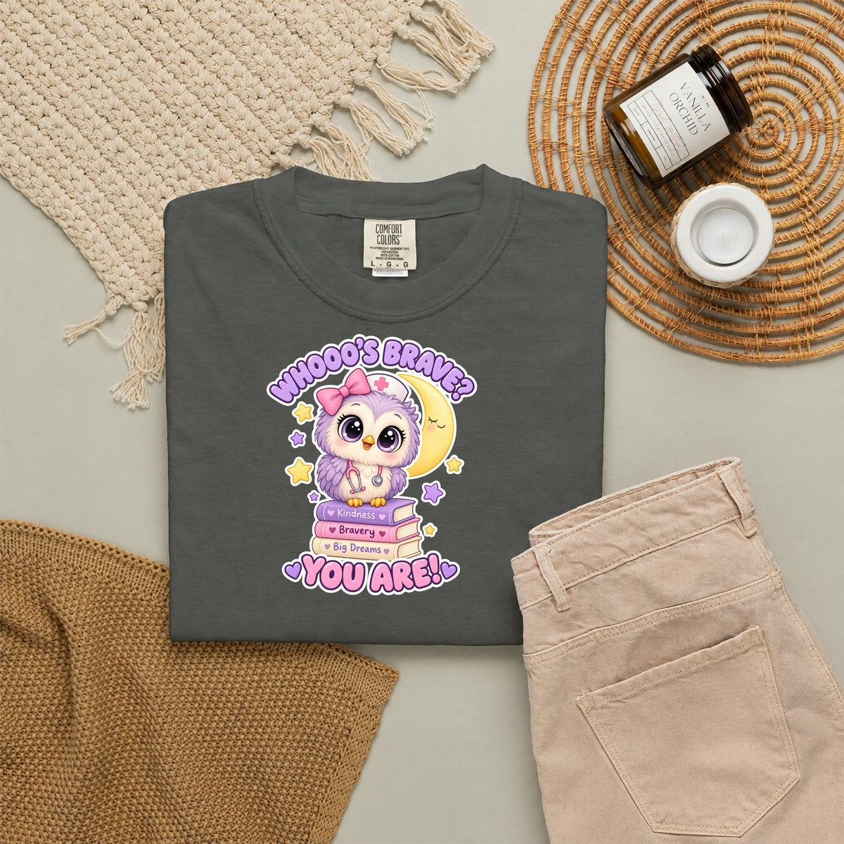 Whooo's Brave You Are Owl Peds Nurse Pink Comfort Colors T-Shirt folded