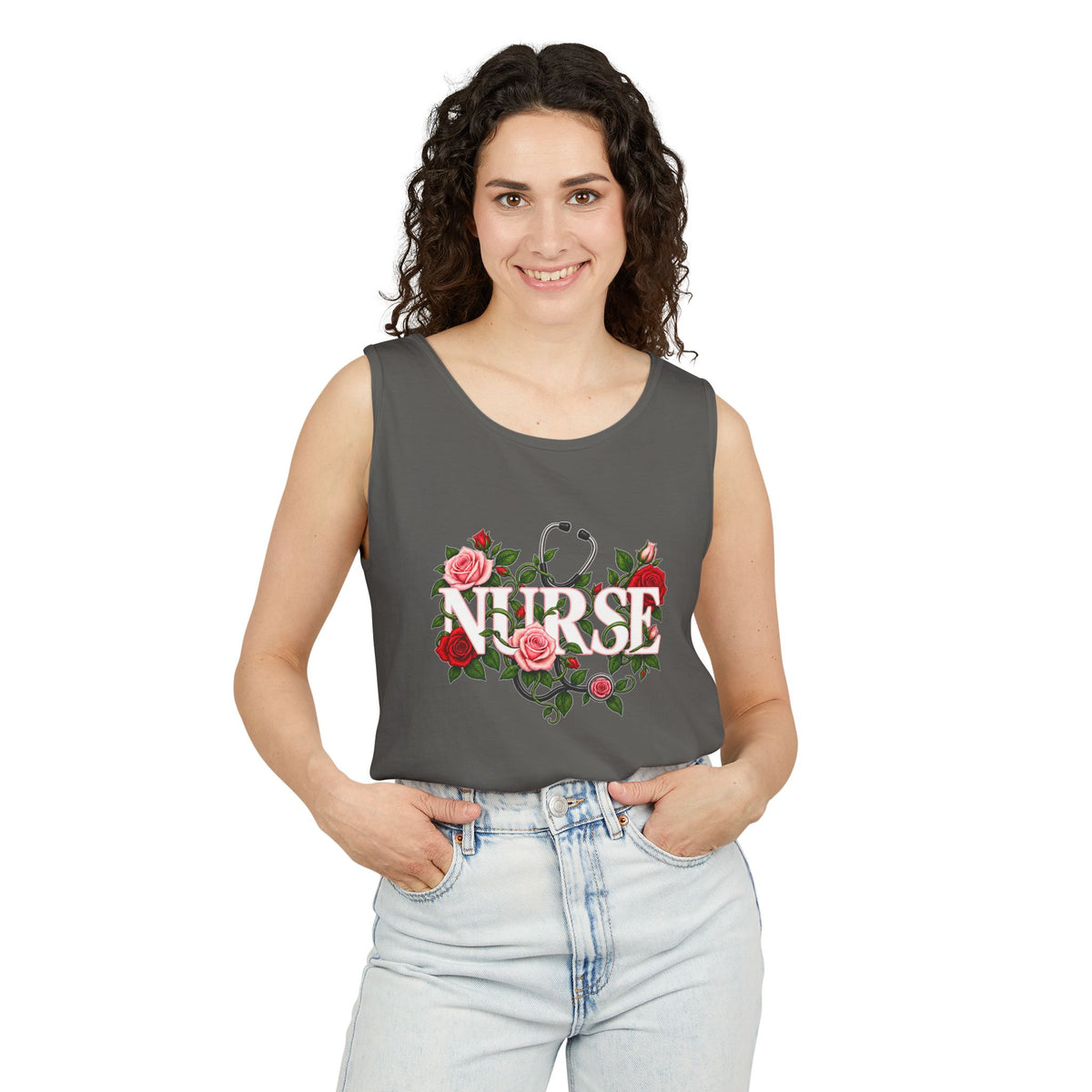 Nurse Roses and Stethoscope Floral Comfort Colors Tank Top