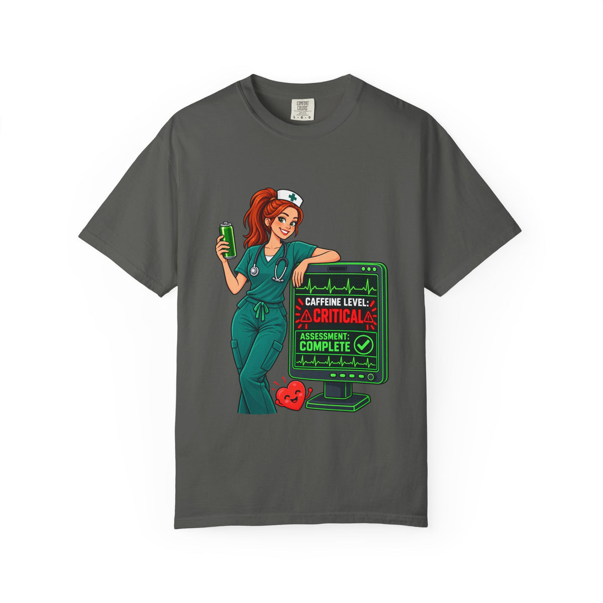 Caffeine Level Critical Assessment Complete Nurse Tee (Red Ponytail)