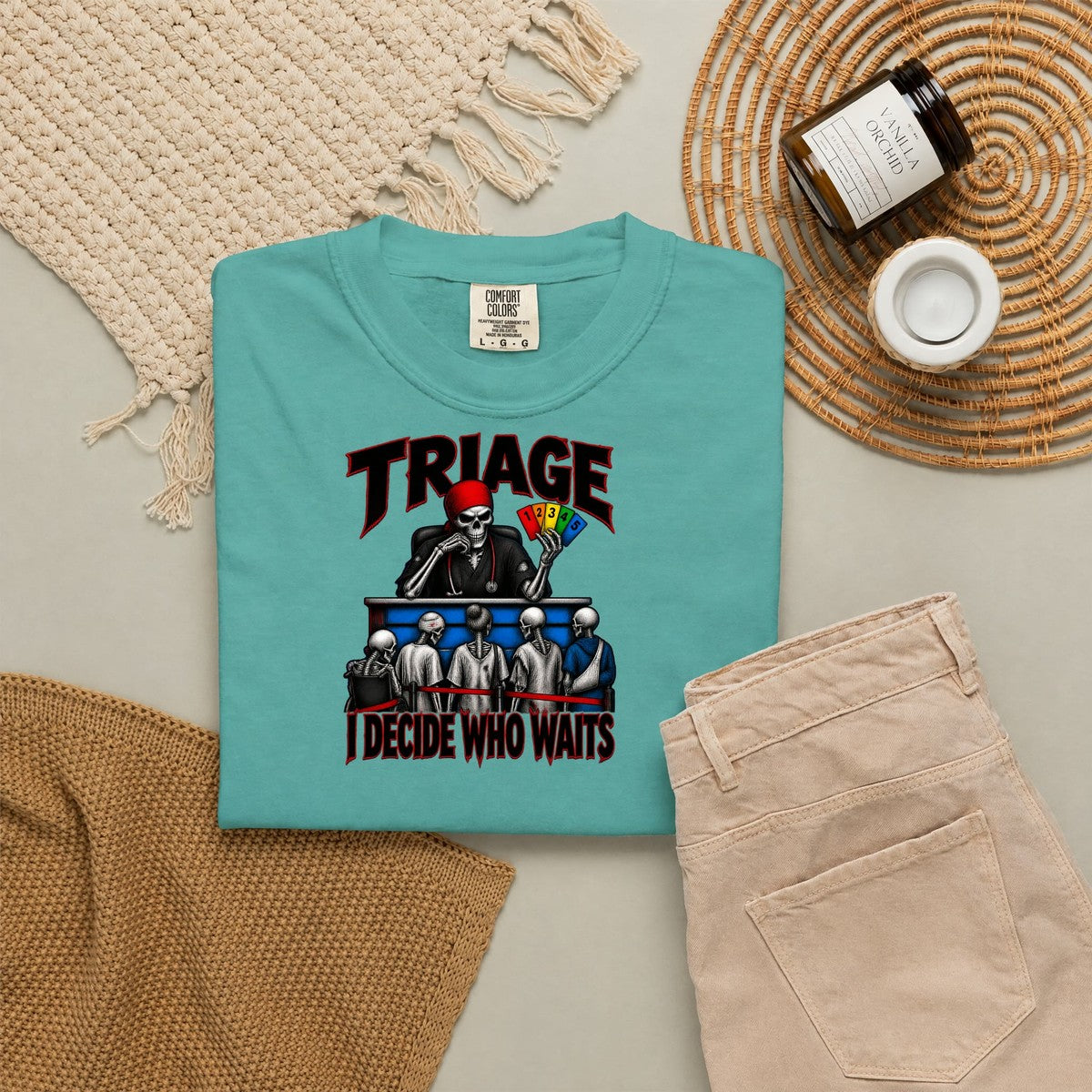 Triage I Decide Who Waits Skeleton ER Nurse Comfort Colors T-Shirt folded