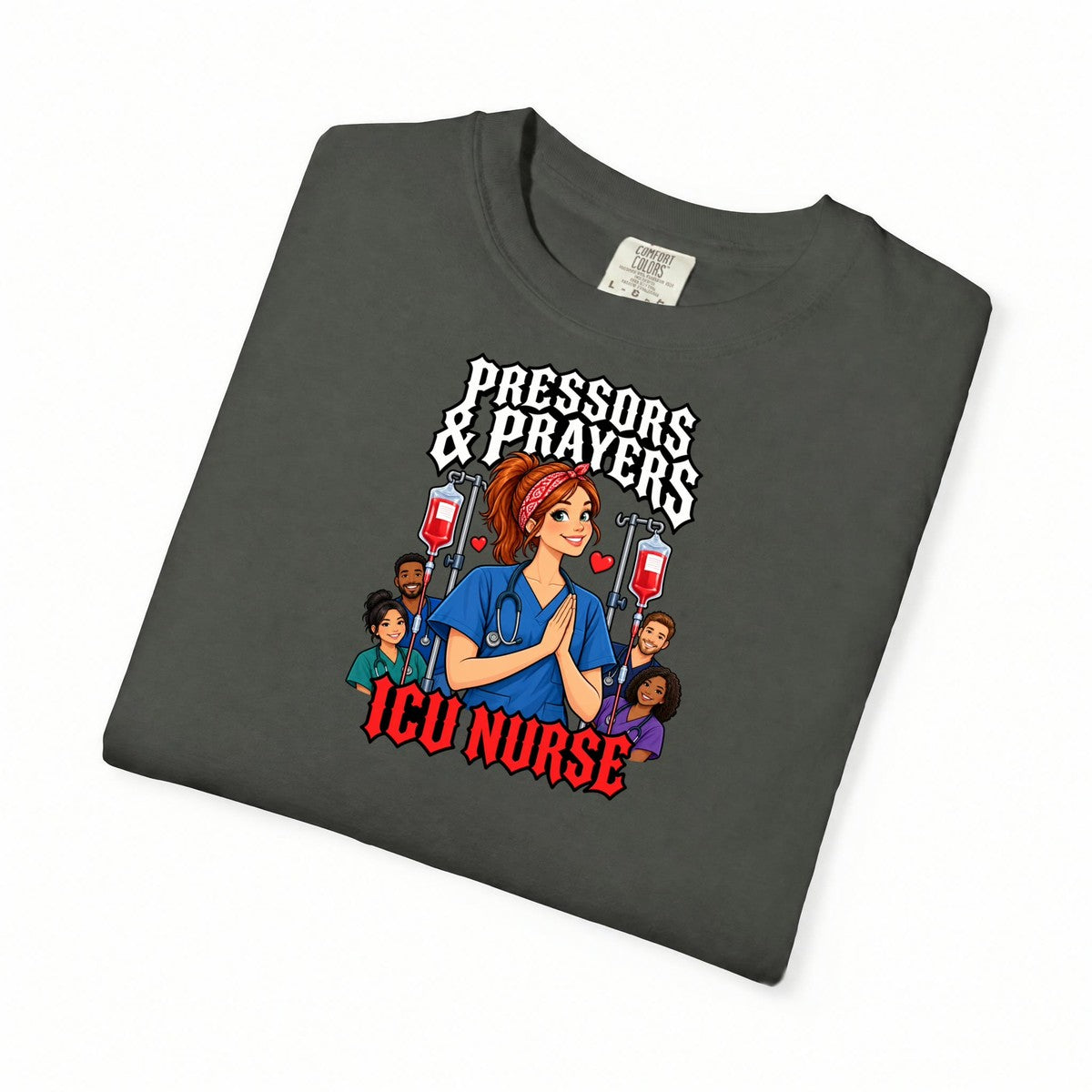 Pressors and Prayers ICU Nurse Tee (Red Ponytail)