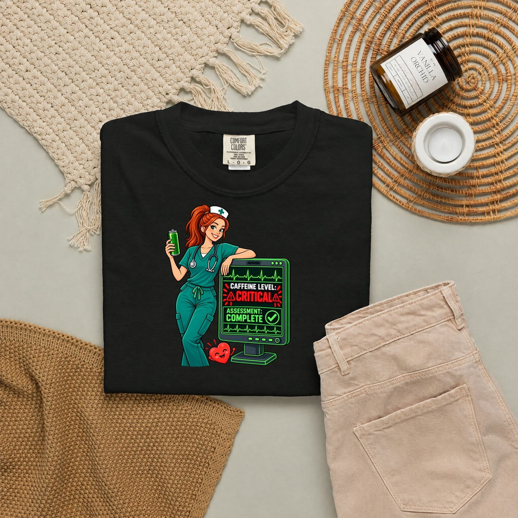 Caffeine Level Critical Assessment Complete Nurse Tee (Red Ponytail)