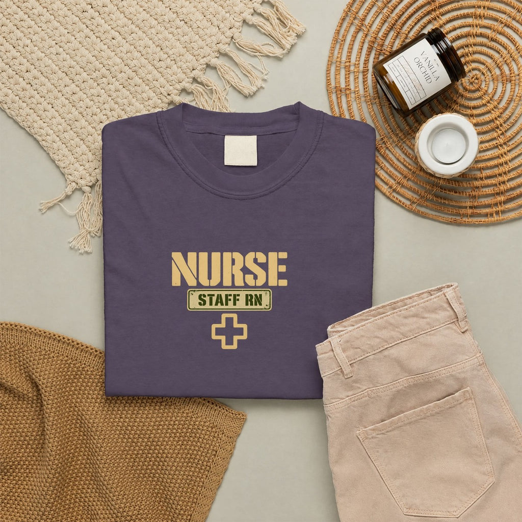 Nurse Military Stencil Staff RN Comfort Colors T-Shirt folded