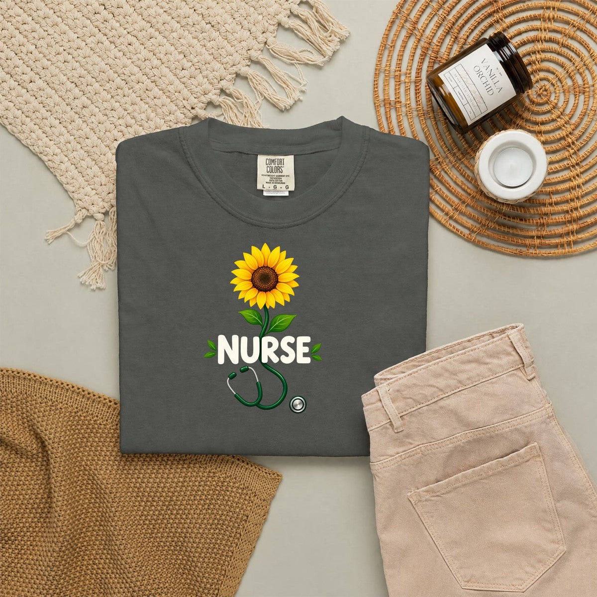 Nurse Sunflower Stethoscope Floral Comfort Colors T-Shirt folded