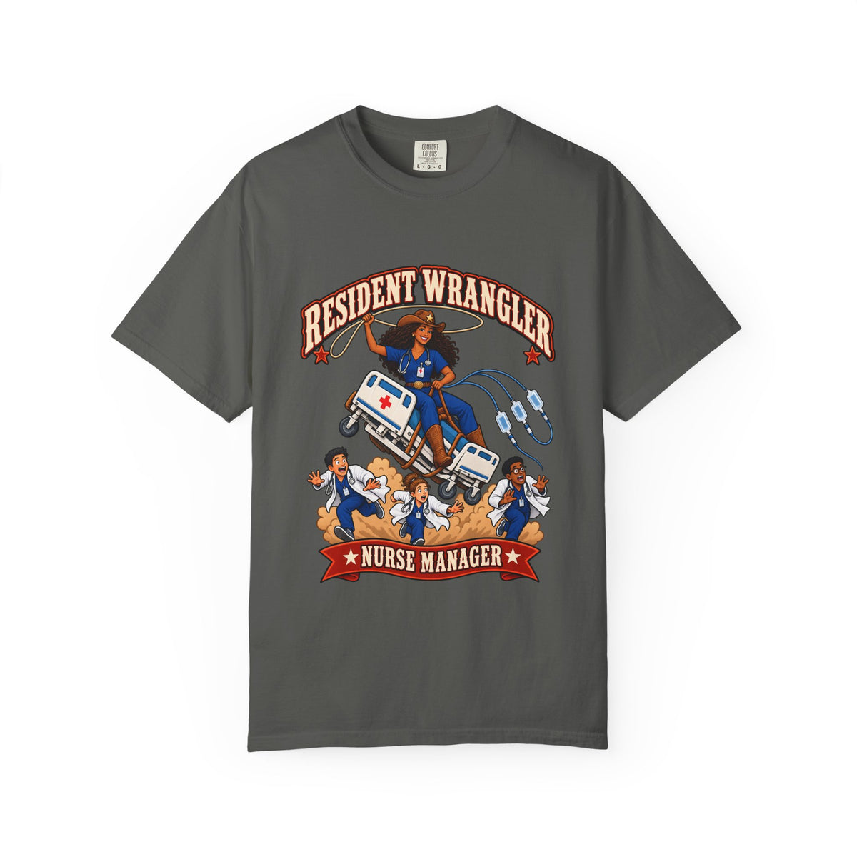 Resident Wrangler Cowgirl Nurse Manager Tee (Long Curls)