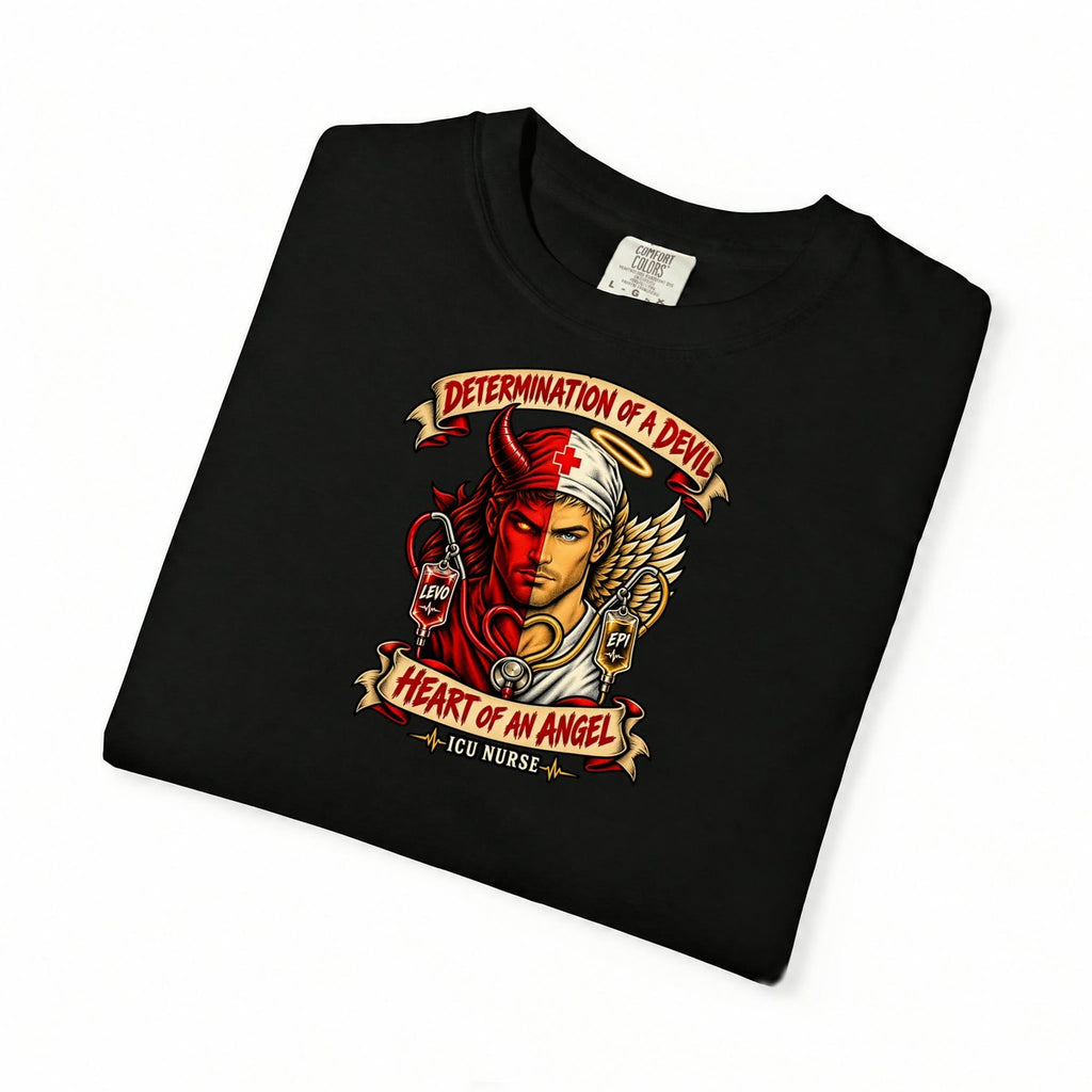 Determination of a Devil Heart of an Angel Male ICU Nurse Tattoo Badge Comfort Colors T-Shirt folded