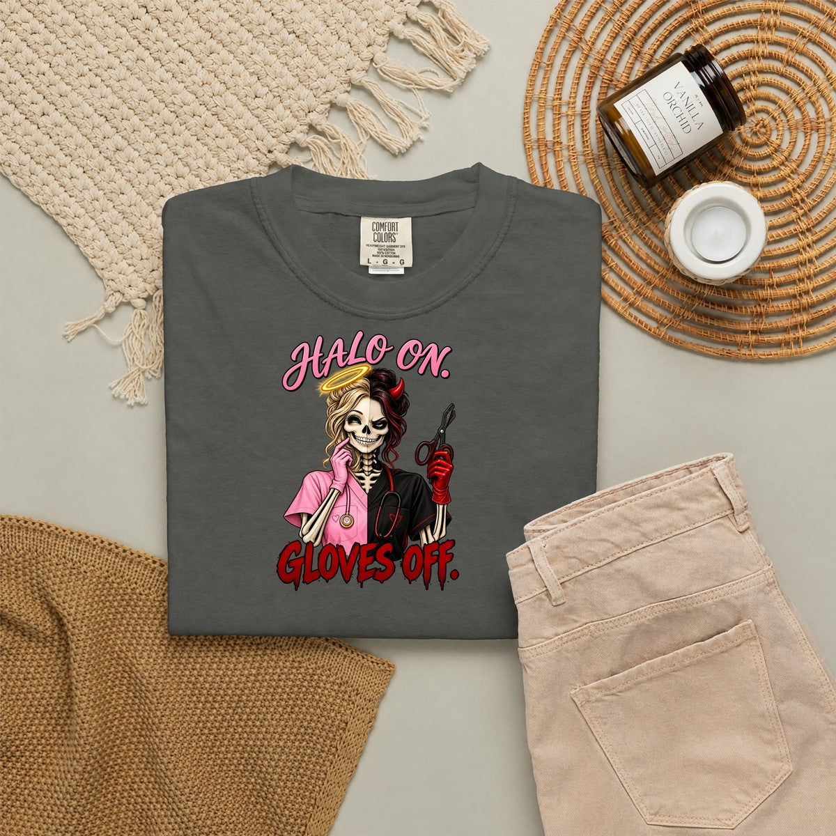 Halo On Gloves Off Nice and Naughty Skeleton Nurse Comfort Colors T-Shirt folded
