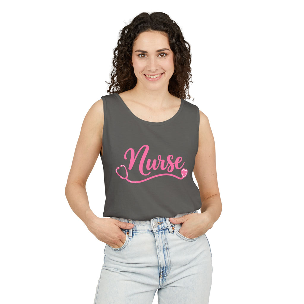 Nurse Pink Script Stethoscope Comfort Colors Tank Top
