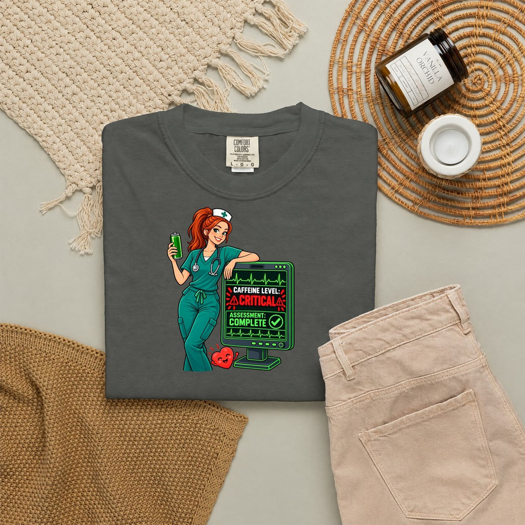 Caffeine Level Critical Assessment Complete Nurse Tee (Red Ponytail)