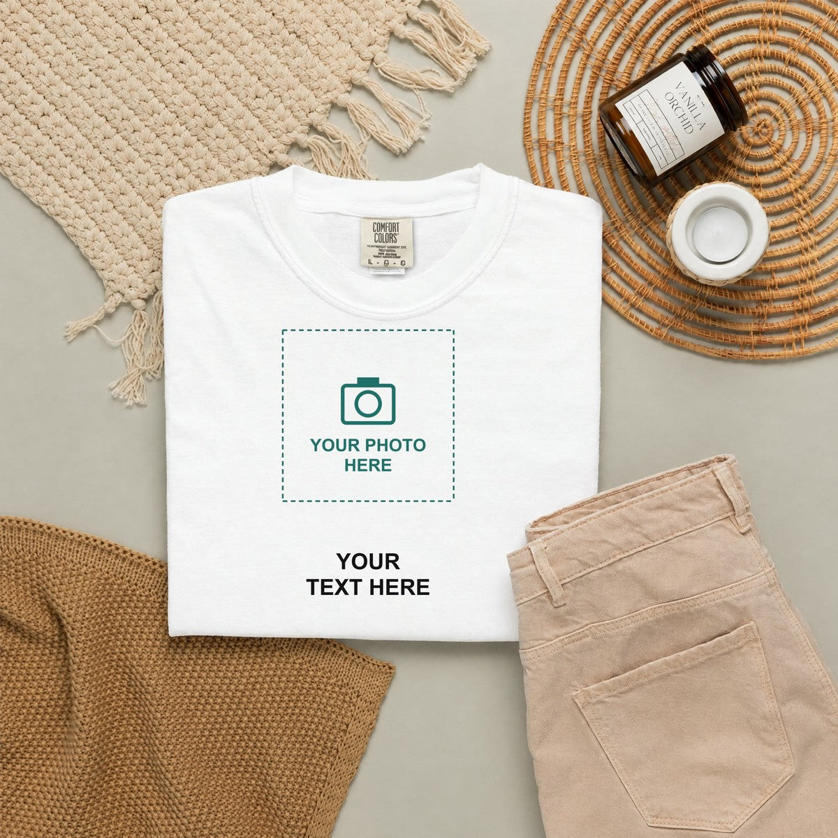 Design Your Own Custom Photo and Text Comfort Colors T-Shirt folded