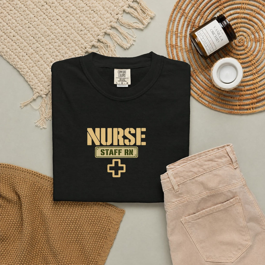 Nurse Military Stencil Staff RN Comfort Colors T-Shirt folded
