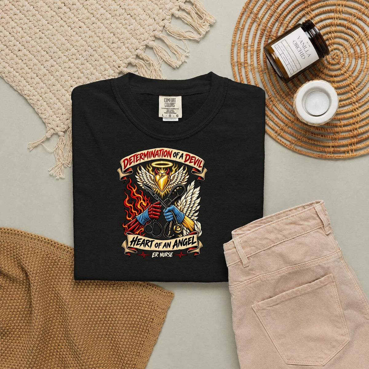 Determination of a Devil Heart of an Angel ER Nurse Tattoo Badge Comfort Colors T-Shirt folded