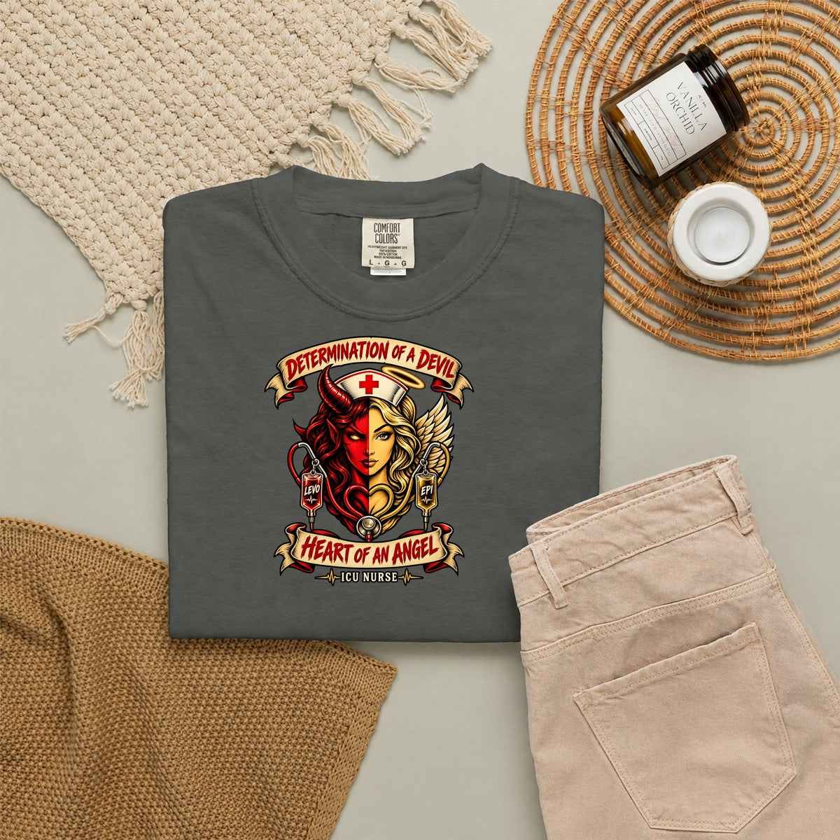 Determination of a Devil Heart of an Angel ICU Nurse Tattoo Badge Comfort Colors T-Shirt folded
