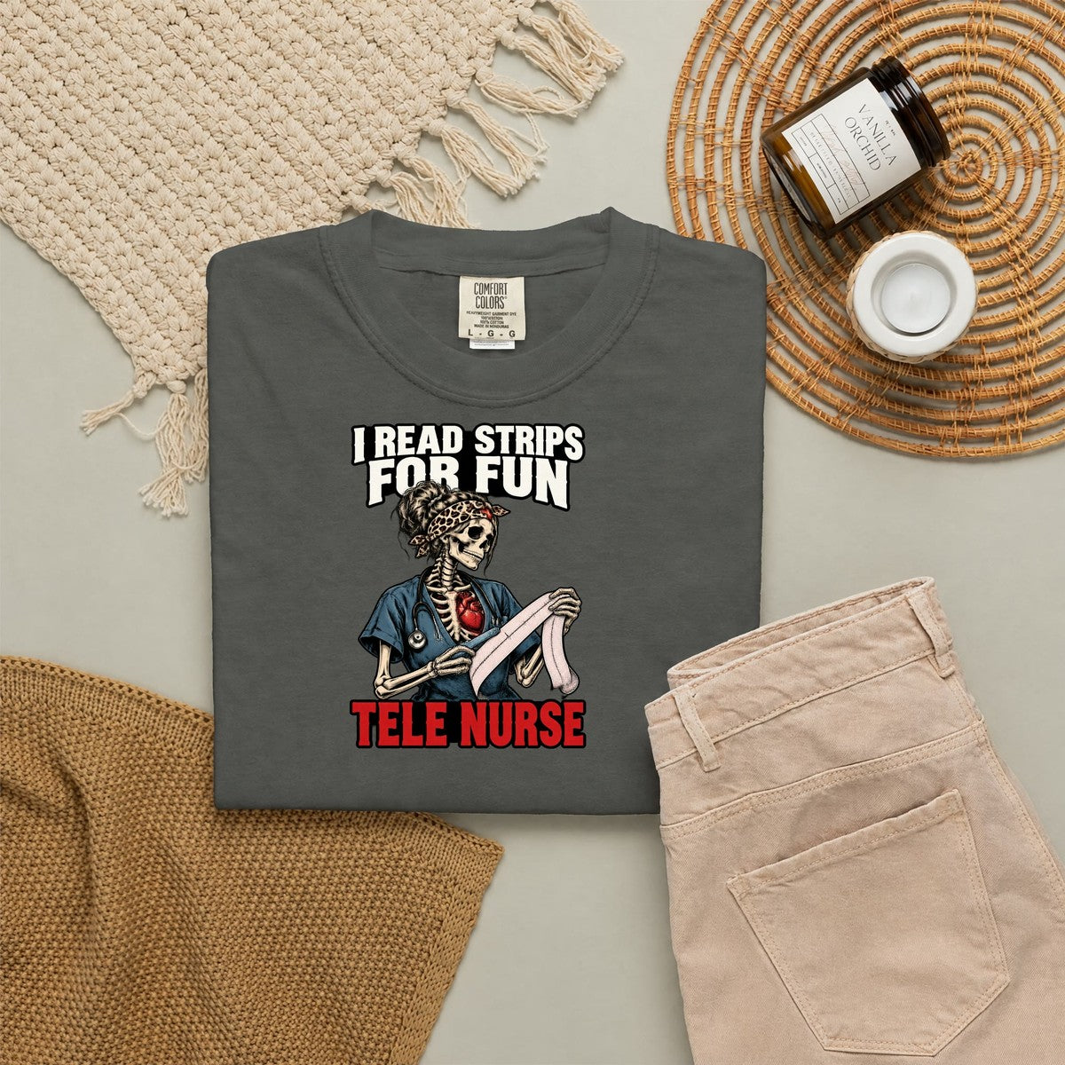 I Read Strips for Fun Skeleton Tele Nurse Comfort Colors T-Shirt folded