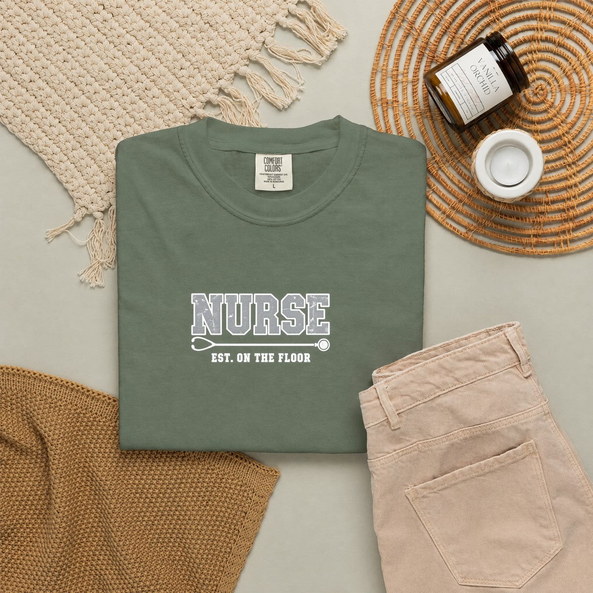 Nurse Varsity Est On the Floor Comfort Colors T-Shirt folded