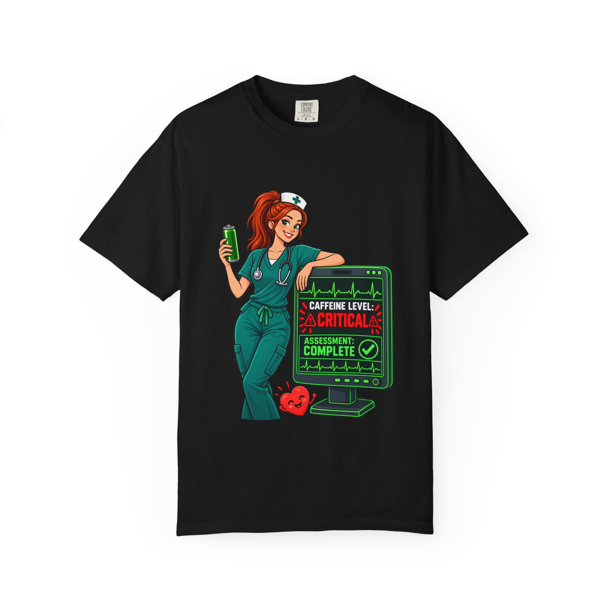 Caffeine Level Critical Assessment Complete Nurse Tee (Red Ponytail)