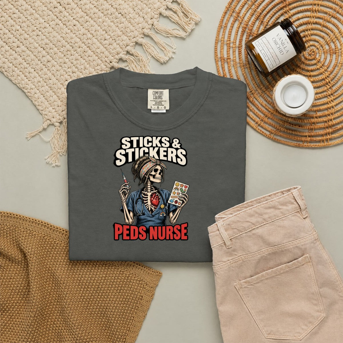 Sticks and Stickers Skeleton Peds Nurse Comfort Colors T-Shirt folded